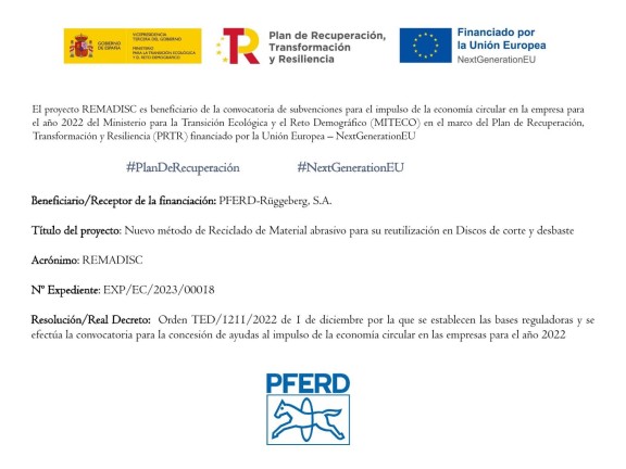 Grant awarded to the REMADISC project of PFERD-Rüggeberg, S.A.